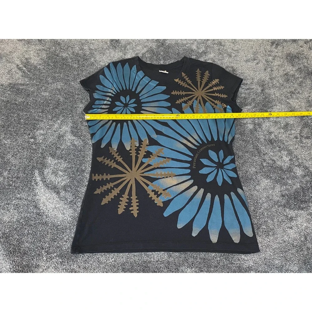 Peruvian Connection Black Blue Gold Floral Sunburst Cap Sleeve Tee Top Large